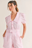 Striped Puff Sleeve Collared Neck Romper