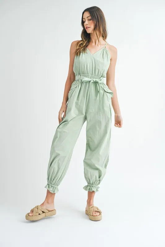 Washed Fabric Spaghetti Strap Waist Belted Jumpsuit