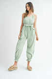 Washed Fabric Spaghetti Strap Waist Belted Jumpsuit