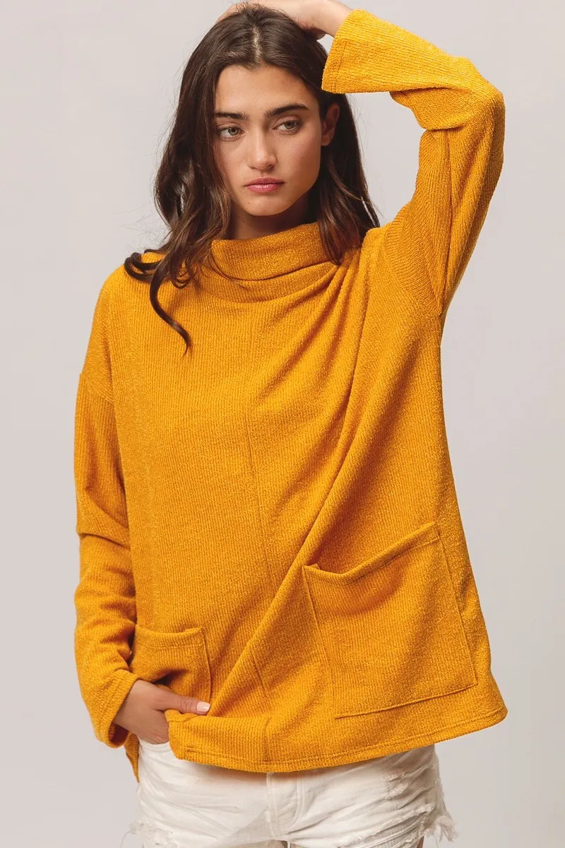 Piper Ribbed Double Pocket Turtleneck Knit Top