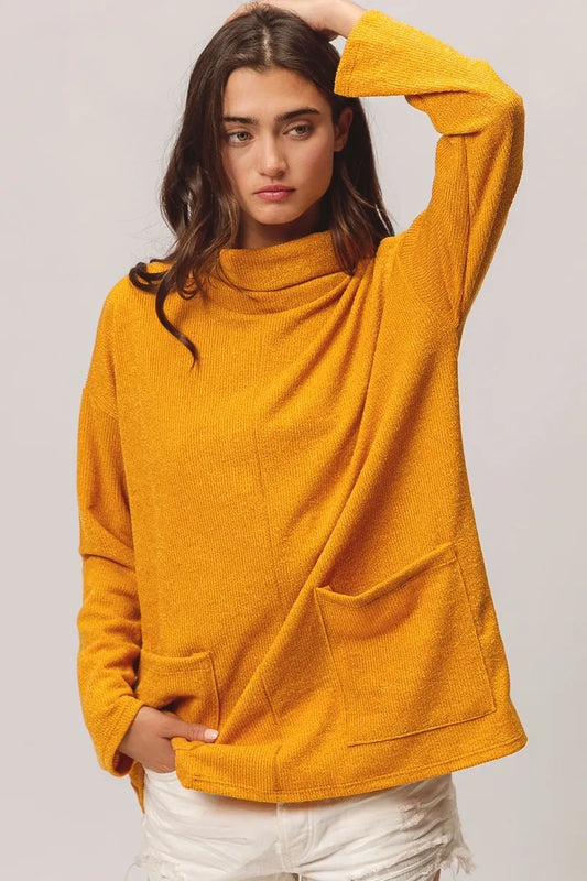 Piper Ribbed Double Pocket Turtleneck Knit Top