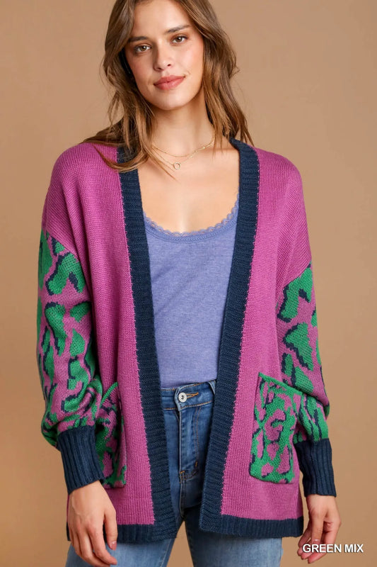 Wild Pattern Open Front Sweater Cardigan