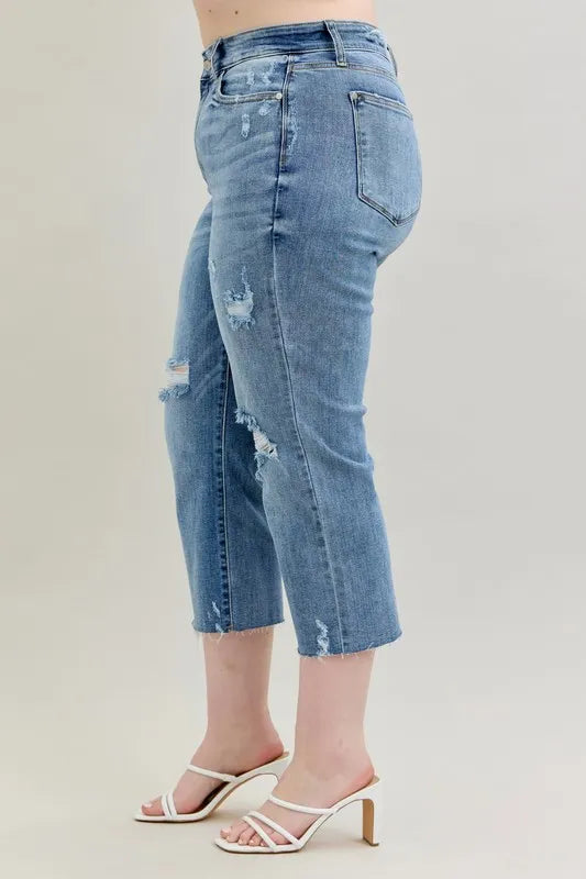Full Size High Waist Destroy Crop Wide Leg Jeans Plus Size