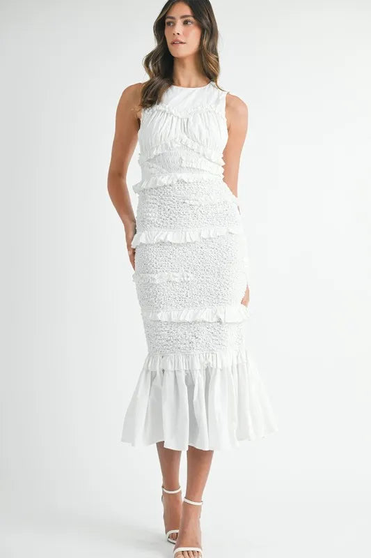 Ruffled Popcorn Smocked Mermaid Midi Dress