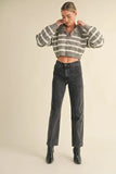 Pale Collared Striped Cropped Cable Knit Sweater