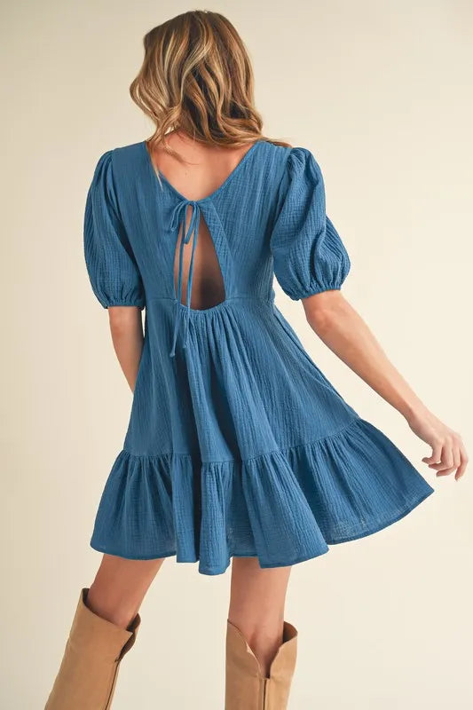 Tied Back Ruffled Short Sleeve Mini Dress