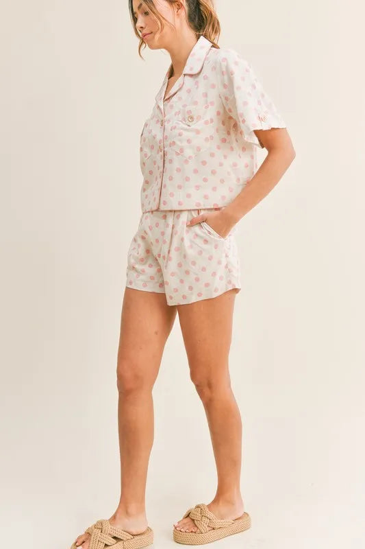 Polka Dot Collar Crop Top and Short Lounge Set