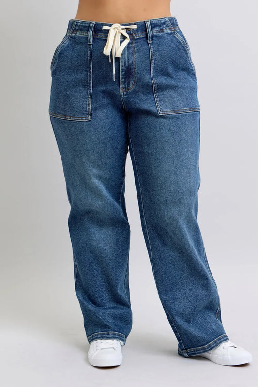 Plus Size High Waist Drawstring Wide Leg Jeans