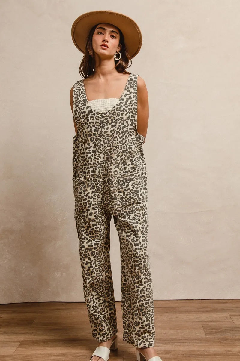 Leopard Print Adjustable Strap U Neck Jumpsuit
