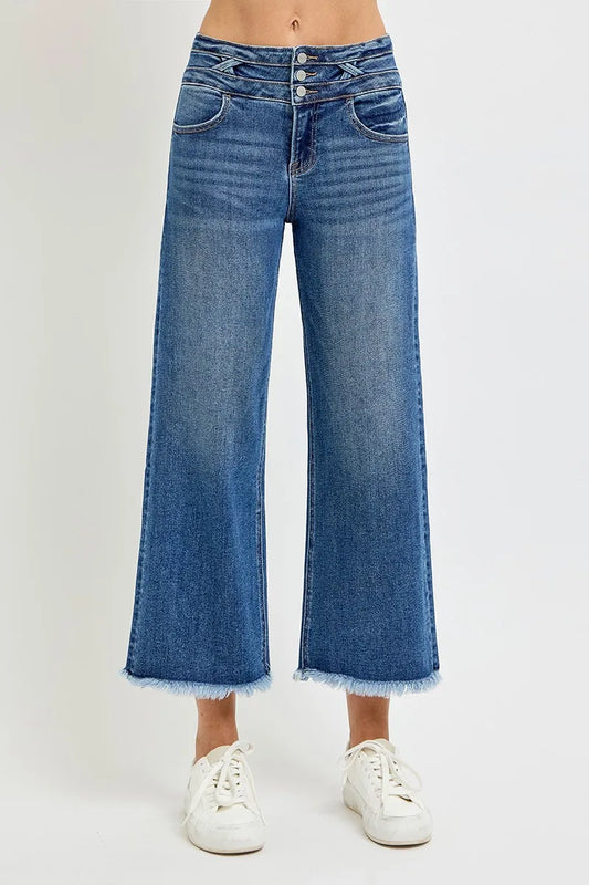 High Waist Cropped Wide Leg Jeans with Unique Band Detail