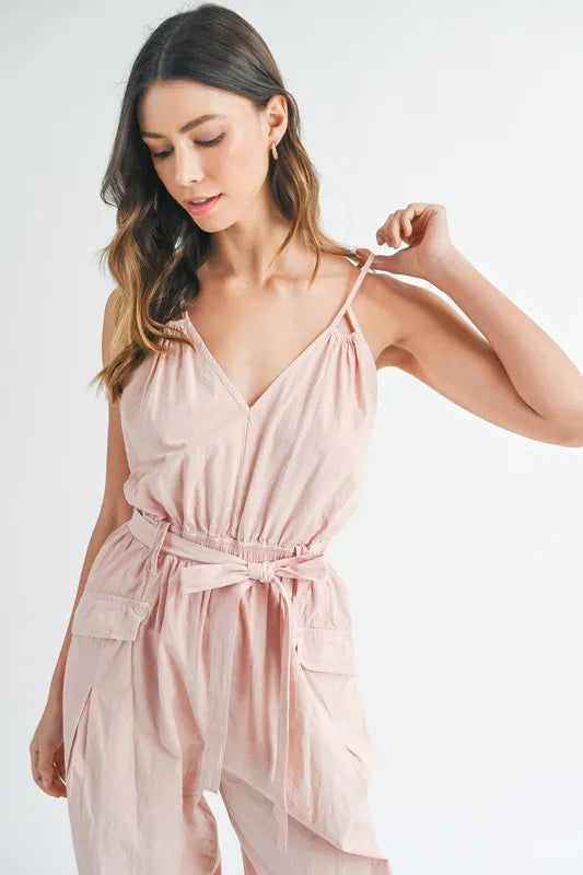 Washed Fabric Spaghetti Strap Waist Belted Jumpsuit