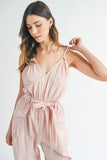 Washed Fabric Spaghetti Strap Waist Belted Jumpsuit