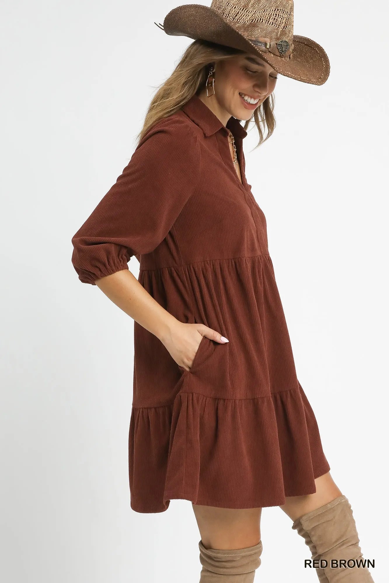 Corduroy Dress with Balloon Sleeves
