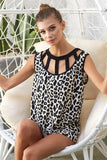 Leopard Printed Soft Rib Knit Front Sut Out Top