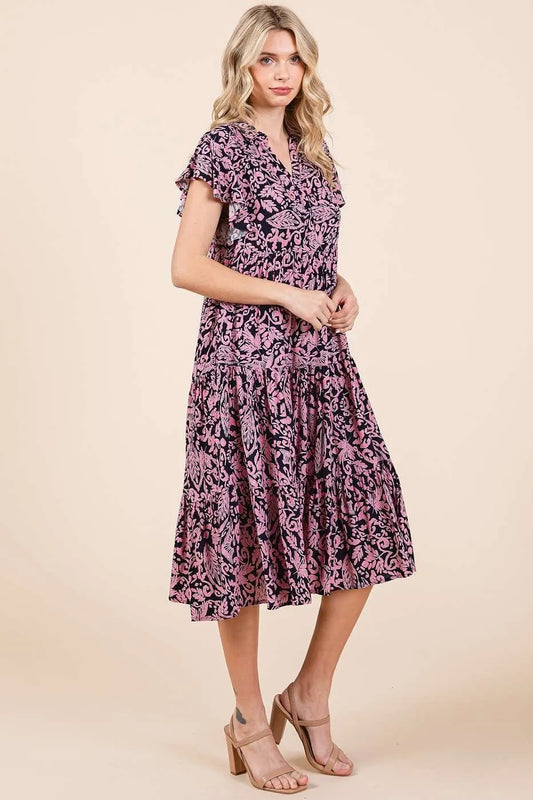 Abstract Print Ruffle Tier Midi Dress