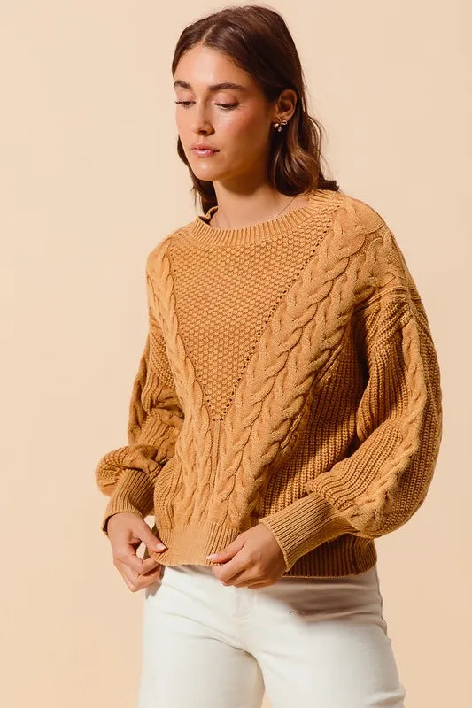Mineral Washed Loose Fit Textured Cable Sweater