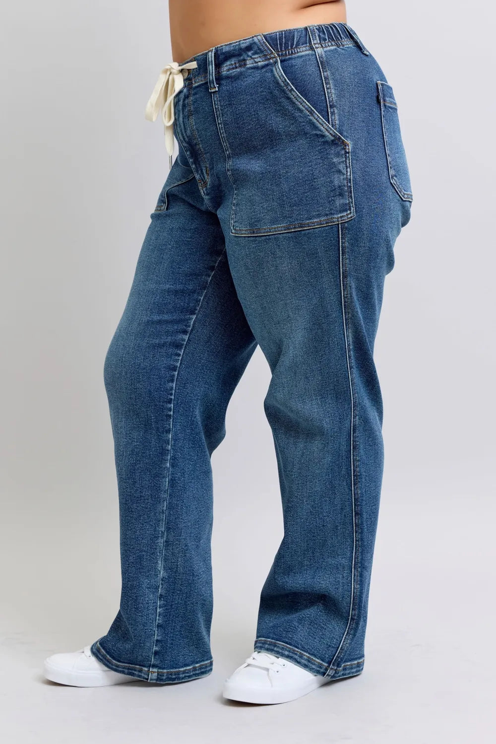 Plus Size High Waist Drawstring Wide Leg Jeans