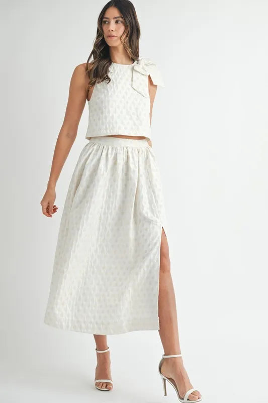 Taffeta Polka Dot Shoulder Ribbon Top and Skirt Set