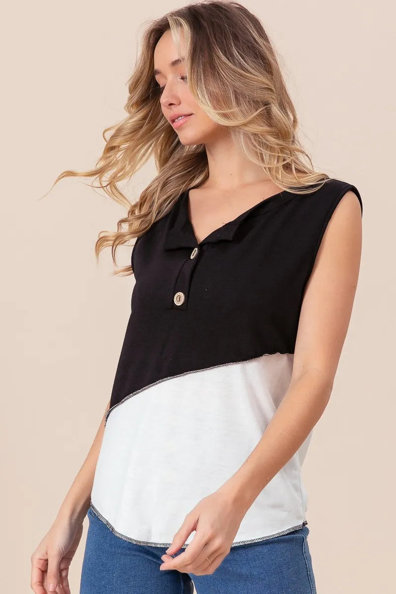 Color Block Contrast Stitching Buttoned Henley Top
