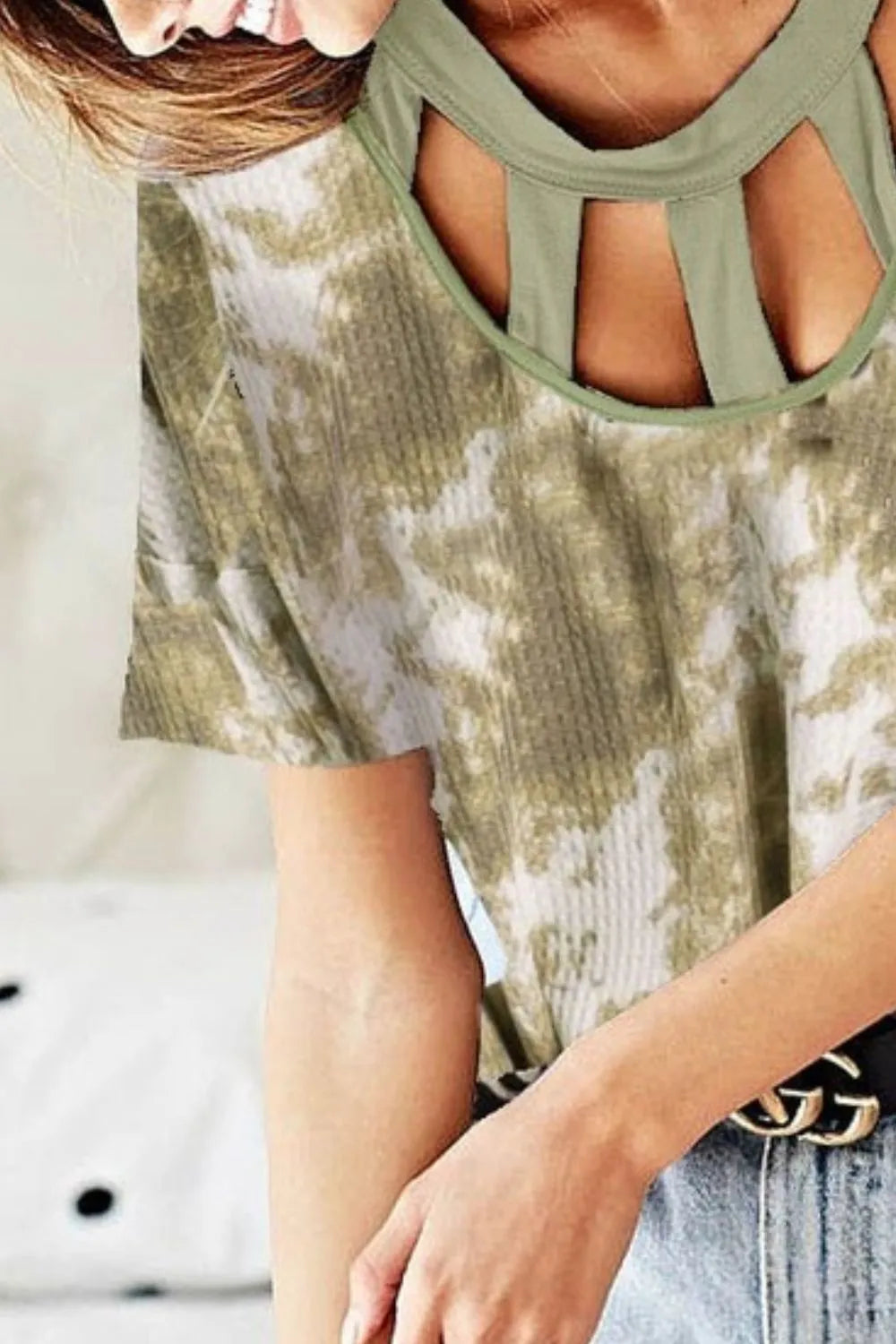 Tie Dye Print Waffle Top with Contrast Caged Neck