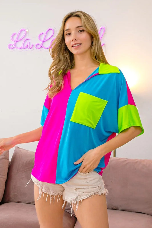 Slinky Knit Color Block V Neck Front Top