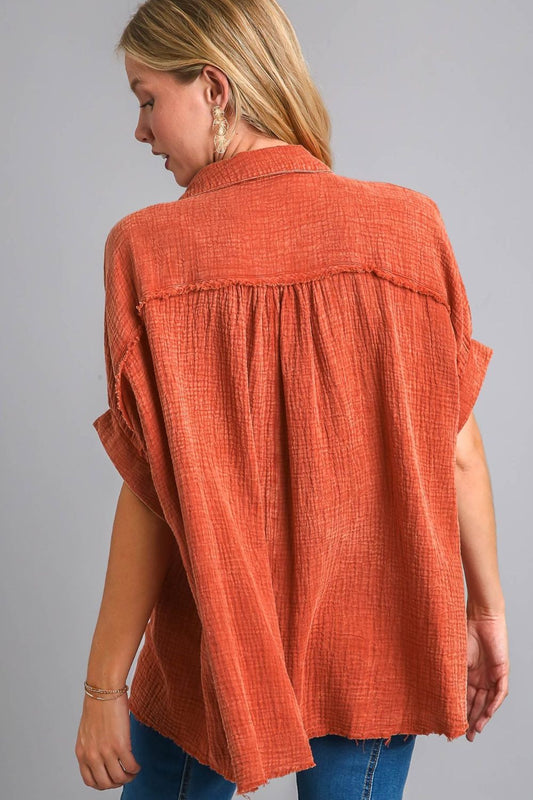 Full Size Cotton Gauze Mineral Wash Button Down Shirt Plus Size