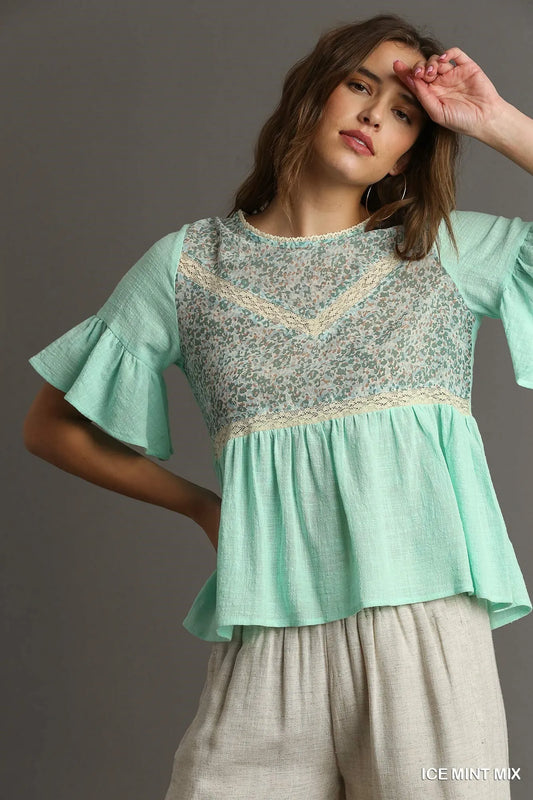 Lace-Embellished Half Sleeve Babydoll Top