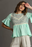 Lace-Embellished Half Sleeve Babydoll Top