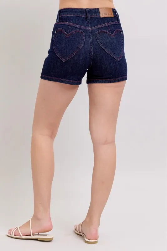 High Waist Heart Shaped Pkts & Red Contrast Thread Denim Shorts