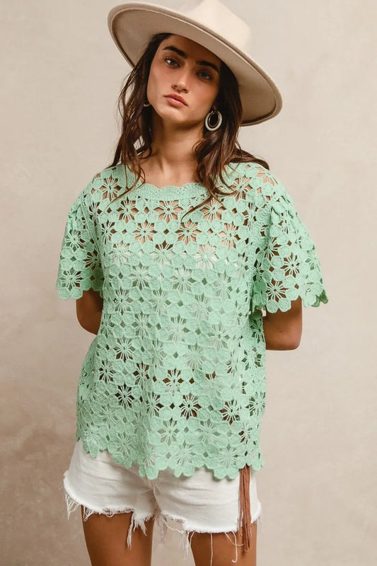 Boho Crochet Knit Short Sleeve Top