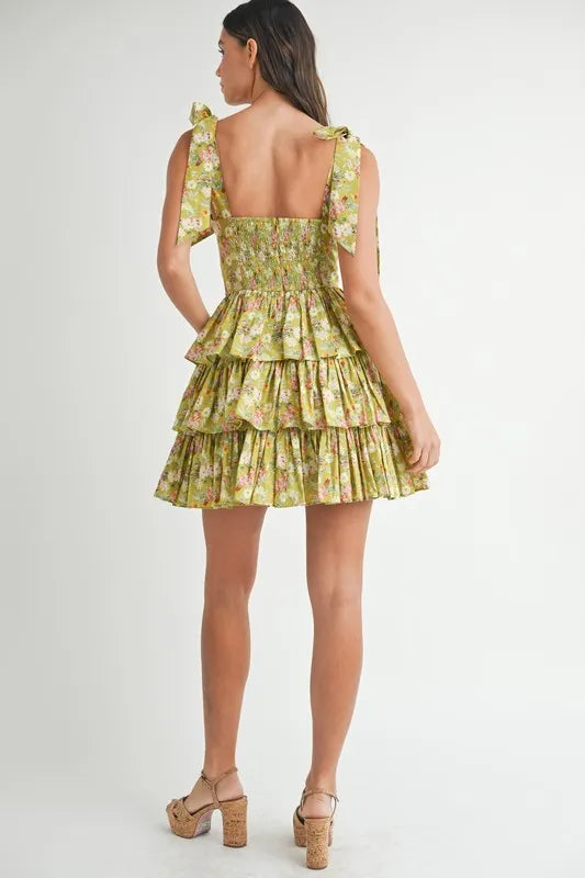 Floral Print Shoulder Tie Layered Mini Dress