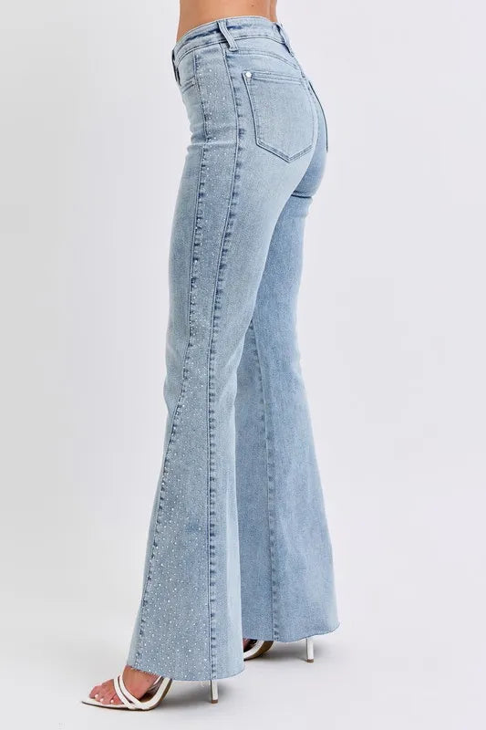 Full Size Midi Rise Rhinestone Side Panel Detail Flare Jeans Plus Size