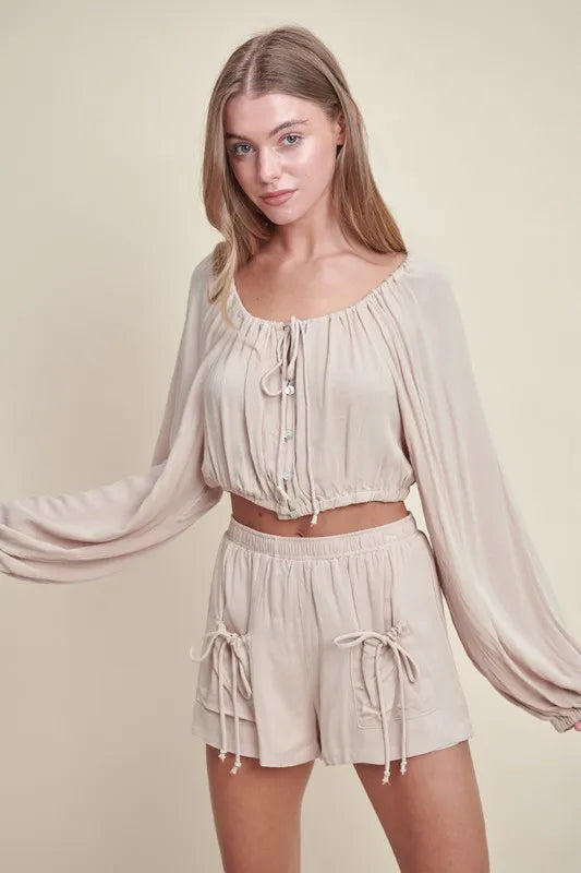 Gauze Long Sleeve Button Crop Top and Short Set