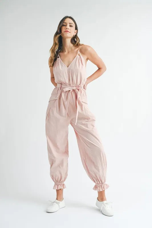 Washed Fabric Spaghetti Strap Waist Belted Jumpsuit