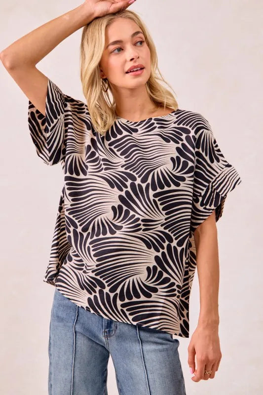 Ruffled Sleeve Fashion Print Blouse