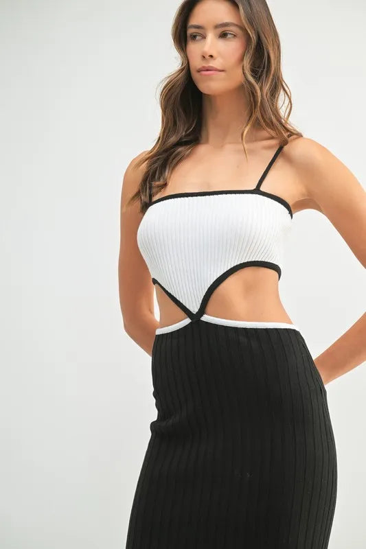 Ribbed Knit Color Block Cutout Midi Dress