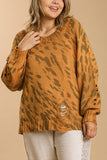 Full Size Animal Print Round Neck Distressed Detail Sweater Plus Size