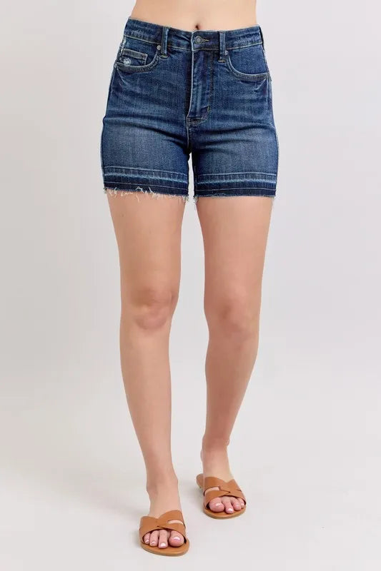 High Waist Tummy Control Destroy Release Hem Denim Shorts