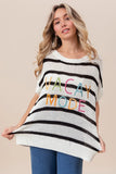 Vacay Mode Lettering Drop Shoulder Striped Sweater