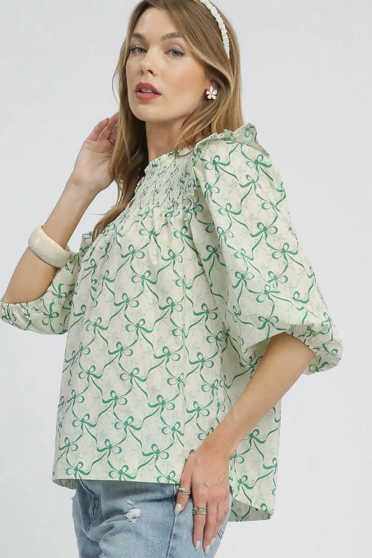 Botanical Lace-Up Ruffle Blouse