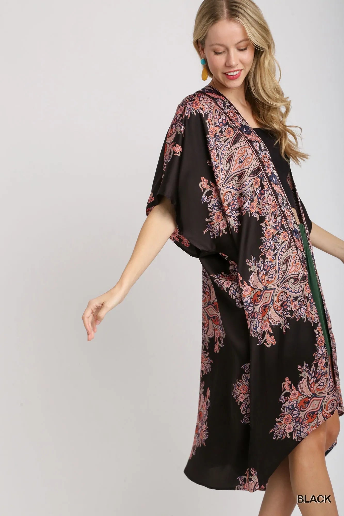 Paisley Floral Print Open Front Short Sleeve Kimono