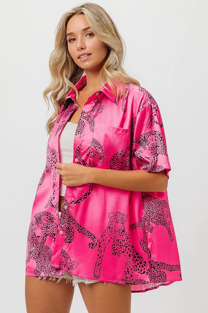 Leopard Print Short Sleeve Silky Satin Shirt Top