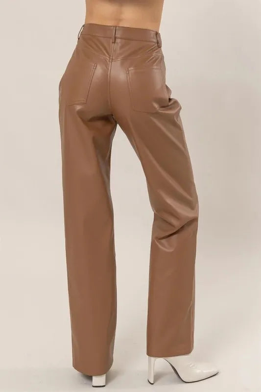 PU High Waist Straight Pants