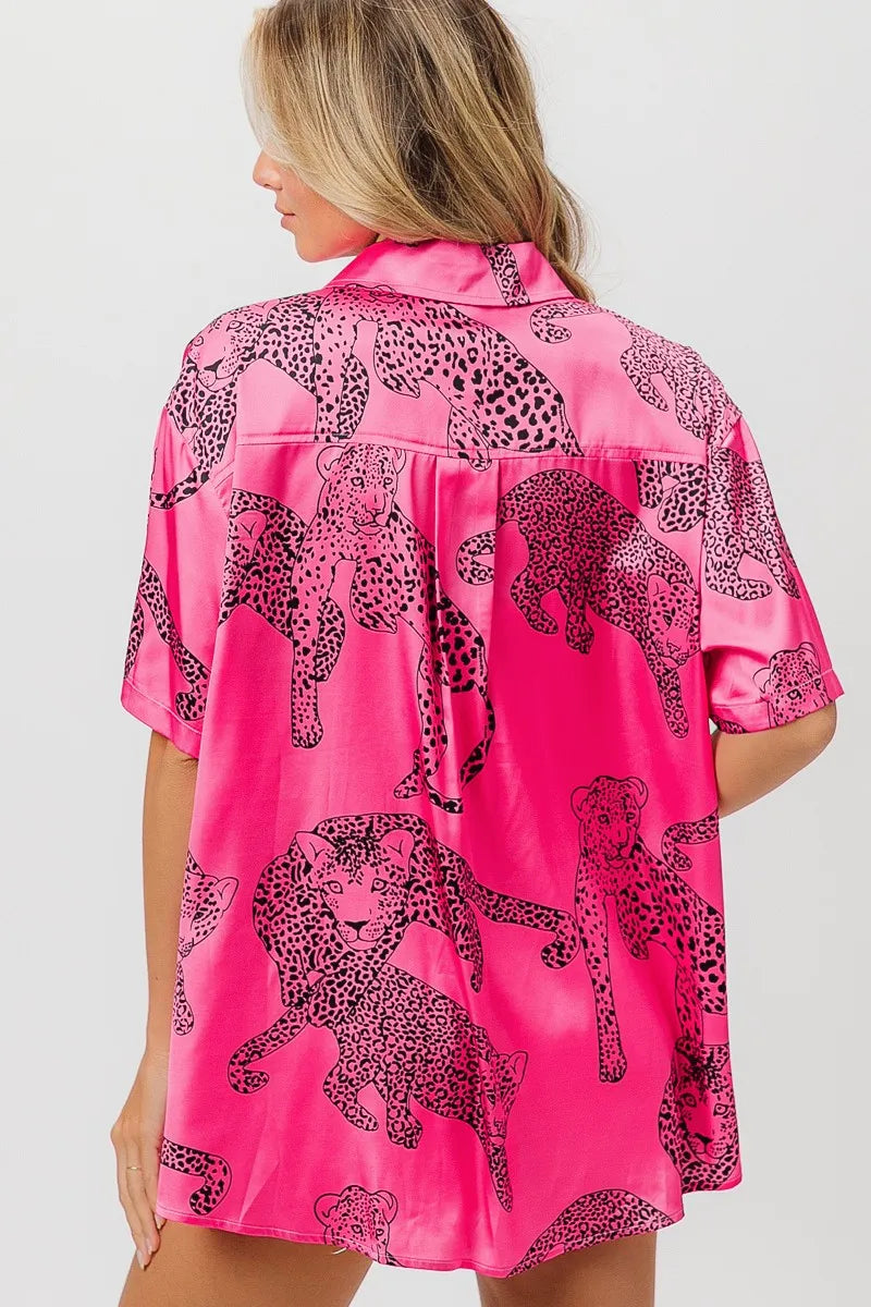 Leopard Print Short Sleeve Silky Satin Shirt Top