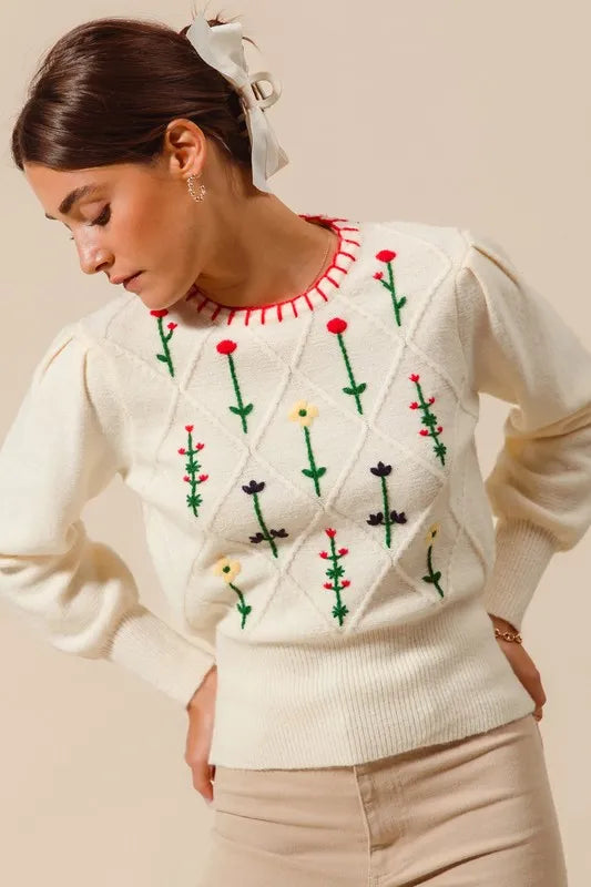 Small Flower Embroidered Sweater Top