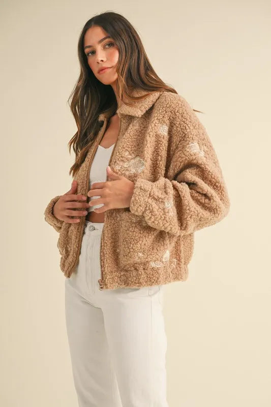 Floral Embroidered Fleece Teddy Jacket
