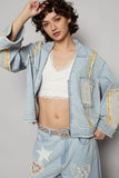 Plaid & Crochet Patched Zip-Up Denim Jacket with Raw Hem