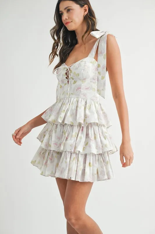 Floral Print Shoulder Tie Layered Mini Dress