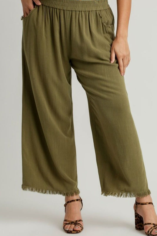 Full Size Linen Blend Elastic Waistband Wide Leg Pants Plus Size