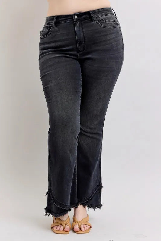Full Size High Waist Flare W/ Mock Fray Tulip Hem Plus Size